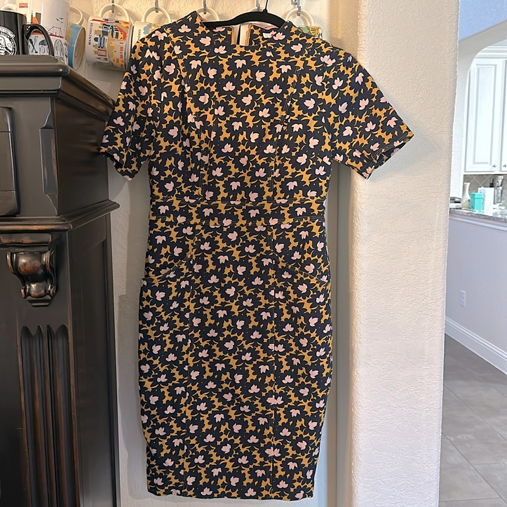Boden Black Floral Sheath Dress with Pink and Yellow Blossoms
